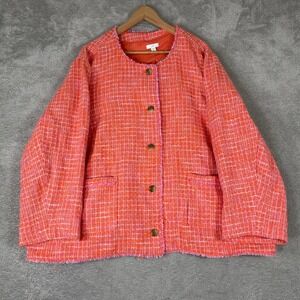 J‎ Jill Tweed Jacket Womens 4X Orange Pink Plaid Fringe Trim Button Front Coat
